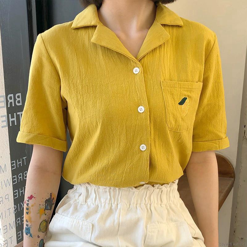 Áo sơ mi kiểu cổ bẻ ngắn tay thêu họa tiết trái cây cho nữ | BigBuy360 - bigbuy360.vn