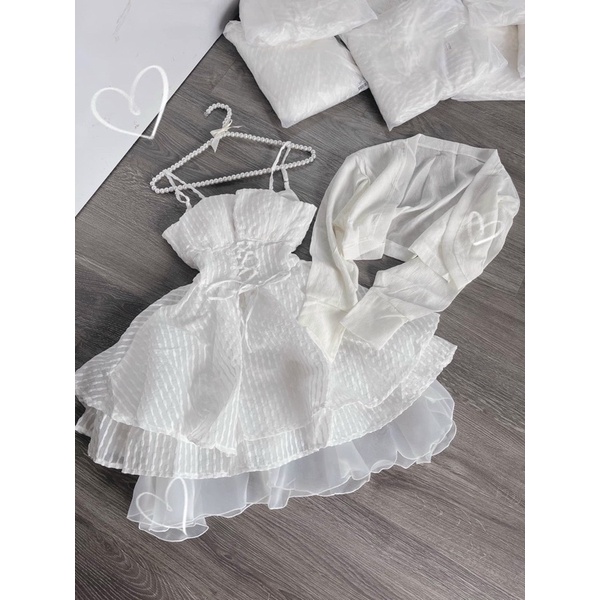 SET ĐẦM 2S TRẮNG XỐP ĐAN DÂY NGỰC KÈM KHOÁC