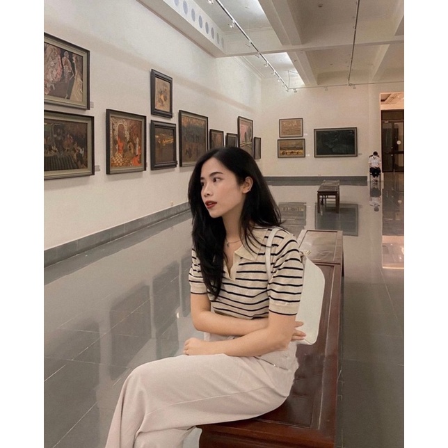 [Sẵn] Áo len polo dệt kim kẻ ngang cộc tay 2 màu đen, be | BigBuy360 - bigbuy360.vn