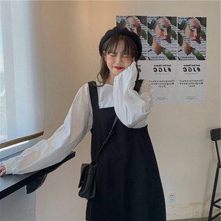 SV006 - Bộ yếm kaki đen và áo sơ mi trắng tay bồng tiểu thư nữ tính, bộ váy hai dây dài suông và áo chất đũi cute