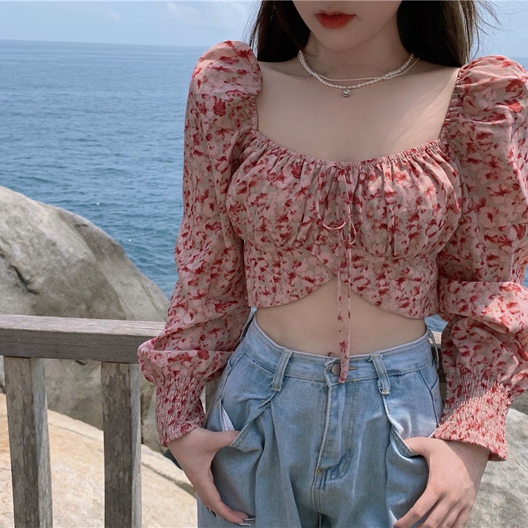 COZOK Áo Voan Hoa Tay Phồng Cổ Vuông Xinh Xắn Dành Cho Nữ