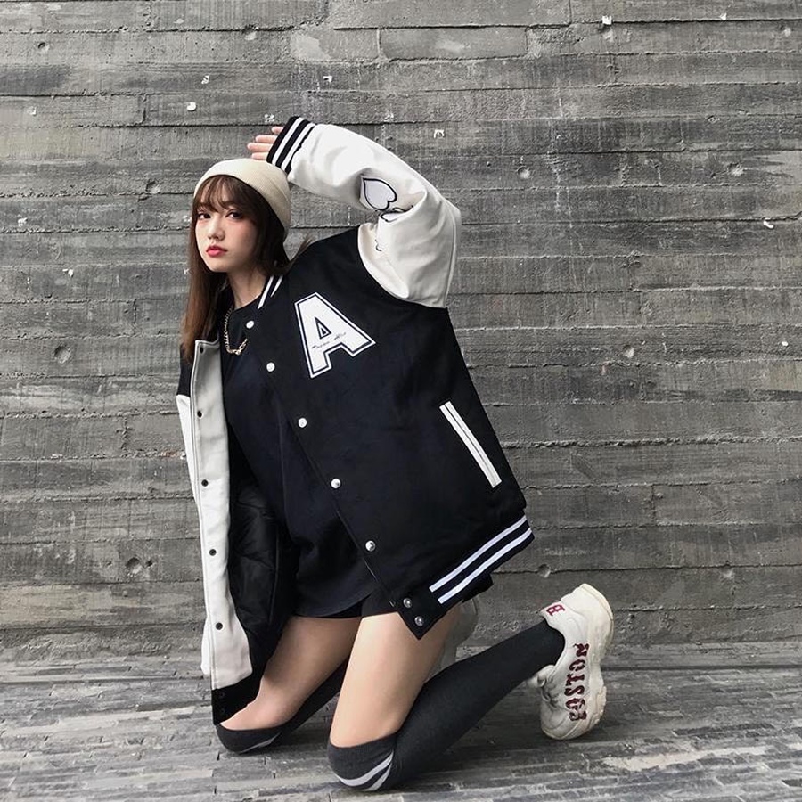 Áo Khoác Varsity Nỉ, tay Da, Full Thêu Chữ A Varsity Jacket nam nữ