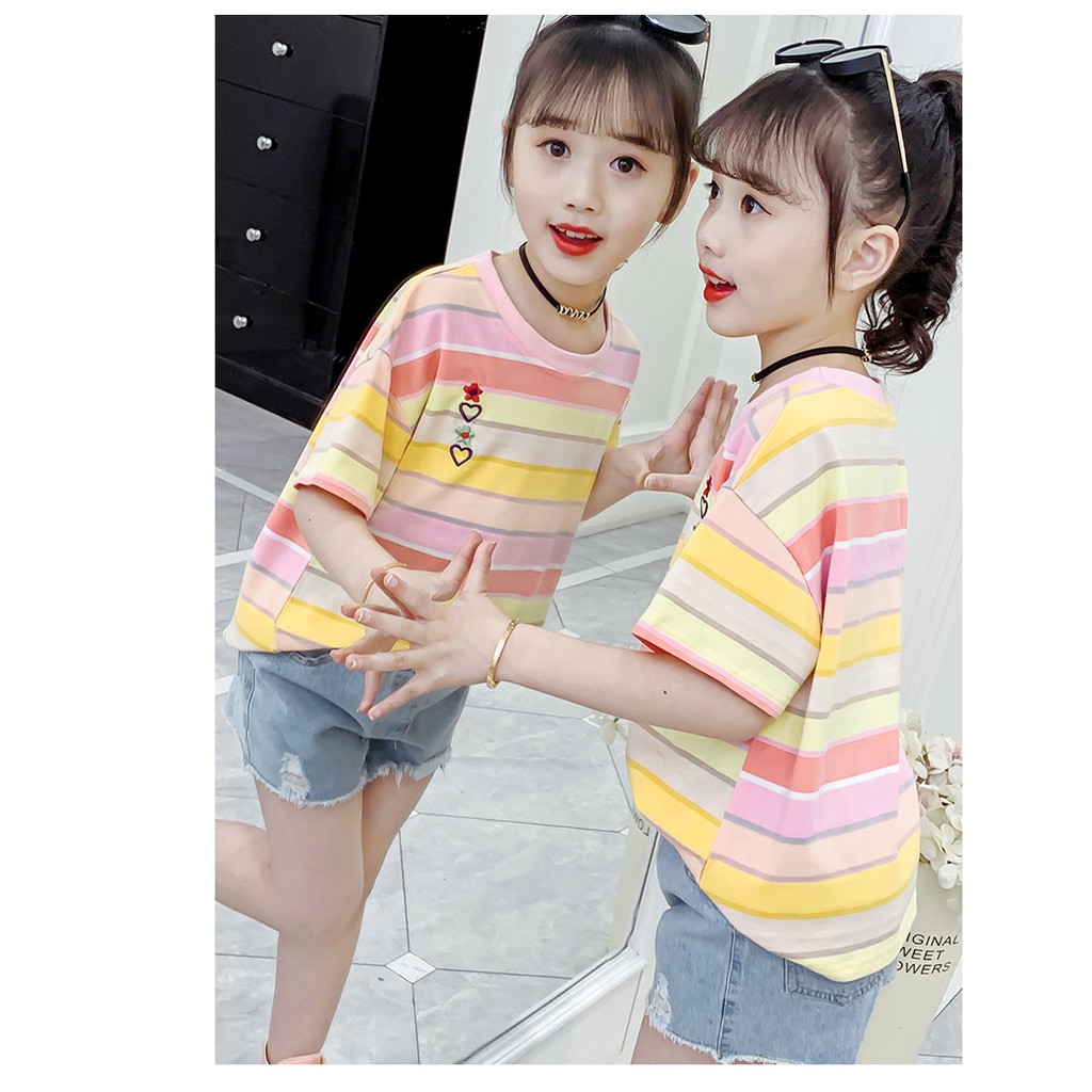 Áo phông bé gái size đai từ 20 -50kg màu cầu vồng thêu hoa-trái tim ngực AH02