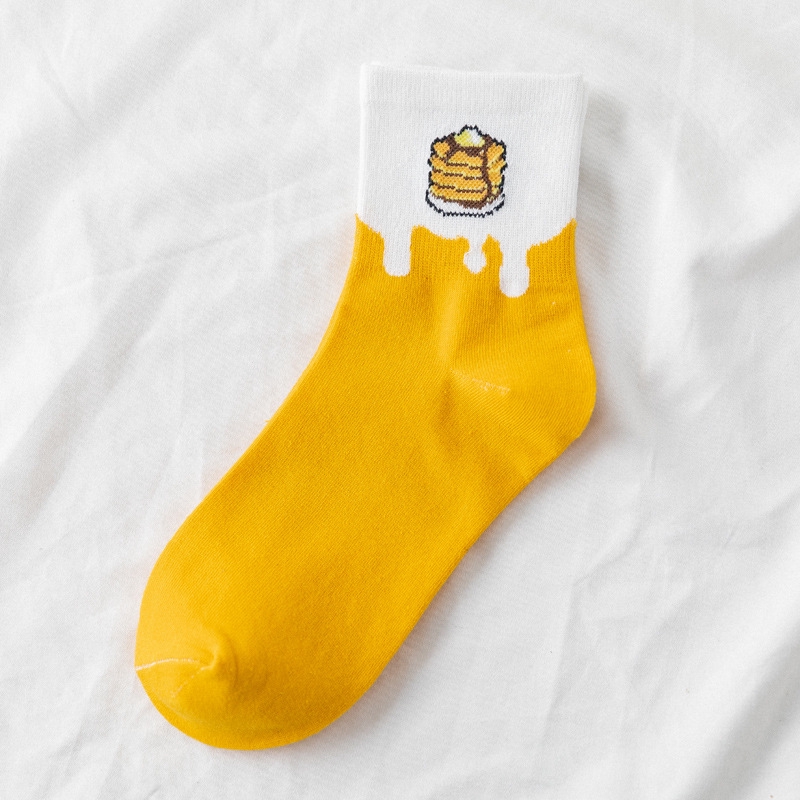 Vớ cotton cổ cao trung bình in họa tiết trái cây/đồ ăn nhanh hoạt hình dễ thương phong cách Nhật Bản cho nữ