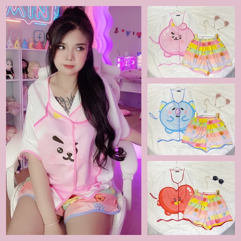 Đồ bộ ngủ nữ form cánh dơi set mặc ở nhà pijama lụa from rộng in hình dễ thuơng clothingforgirl