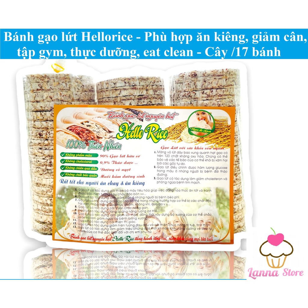 Bánh gạo lứt Hellorice - Phù hợp ăn kiêng, giảm cân, tập gym, thực dưỡng, eat clean - Cây /17 bánh