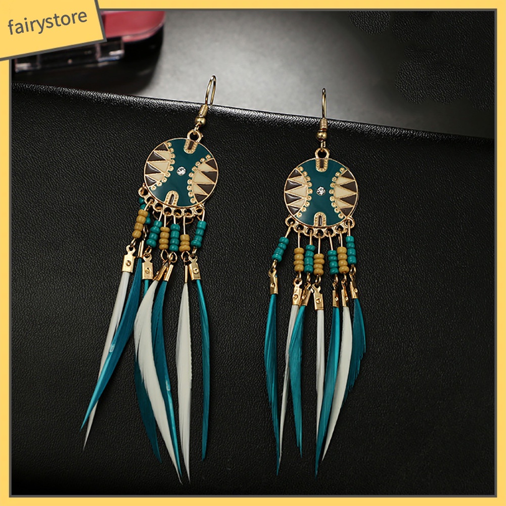 Bông tai hình dreamcatcher đính lông vũ phong cách cổ điển