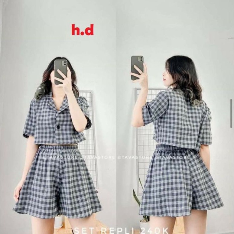 ( Ảnh thật và video shop tự quay) Sét váy nữ hai món gồm áo croptop kẻ + quần giả váy form thụng unisex