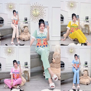 Đồ bộ pijama tay ngắn quần dài vải kate họa tiết con gấu siêu xinh freesize dưới 57kg