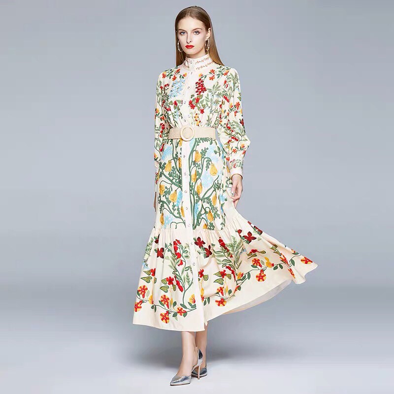 [ORDER]ĐẦM HOA KIỂU CUNG ĐIỆN DÁNG DÀI CÀI CÚC NỊT EO DÀI TAY | BigBuy360 - bigbuy360.vn