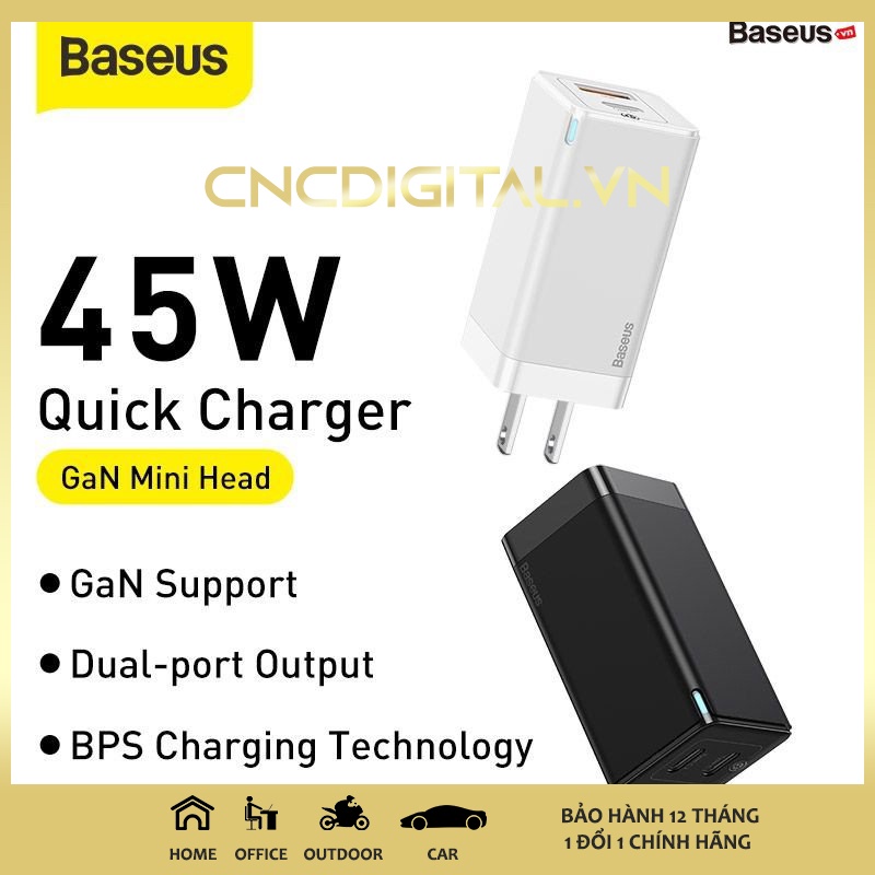 Bộ sạc nhanh thế hệ mới Baseus GaN 45W Mini Travel Quick Charger kèm cáp type C - C cho Smartphone / Tablet / Laptop