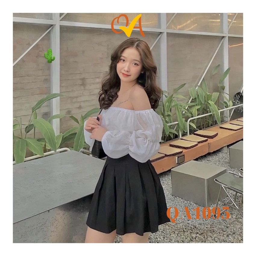 Áo croptop trễ vai tay dài bồng cách điệu tiểu thư chất thô hàn mát 2 màu trắng, đen