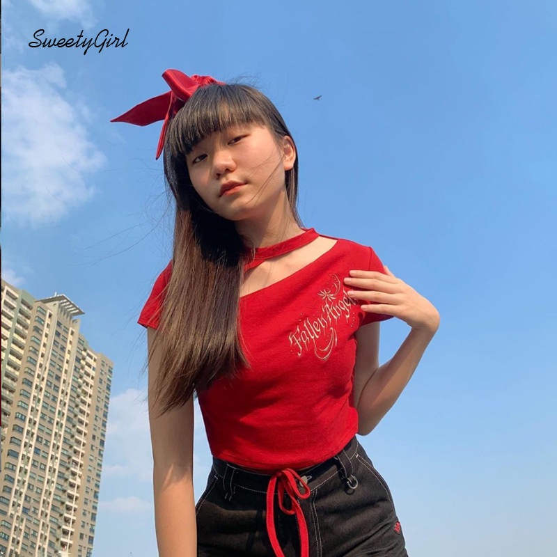 Áo Croptop Cổ Tròn Tay Ngắn Dáng Ôm Thêu Chữ Thời Trang Cho Nữ