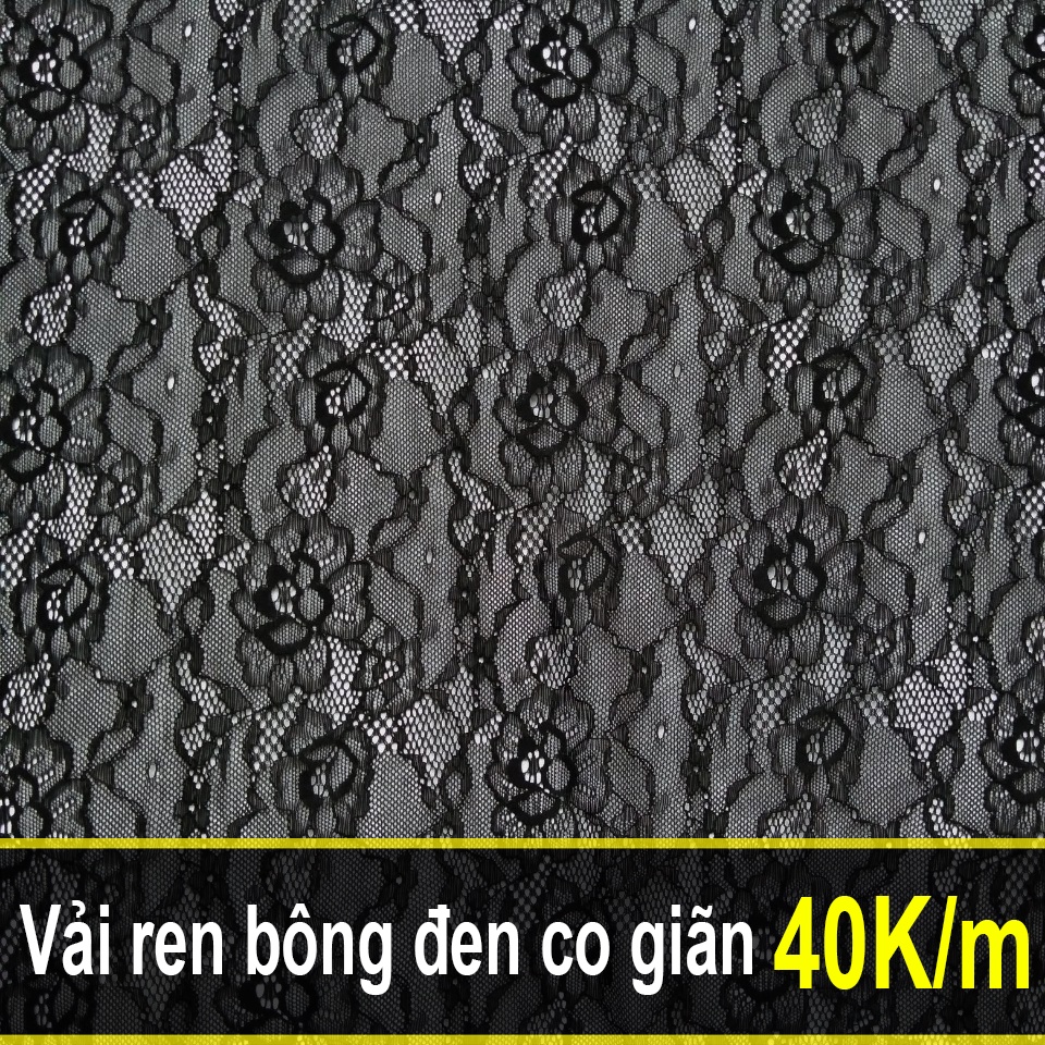 Vải ren bông đen co giãn 4 chiều 40K/m may váy đầm và áo kiểu sang trọng, quyến rũ (khổ 1m6)