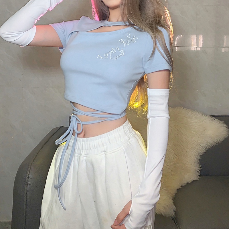 DUNEA Áo thun croptop tay ngắn thêu họa tiết thời trang cho nữ