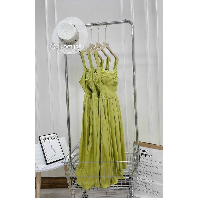 Đầm Kate 2 Dây Bản To , Đầm Midi Kiểu Ôm Ngực Nhún , Đầm Xòe Màu Xanh Non Cực Hot