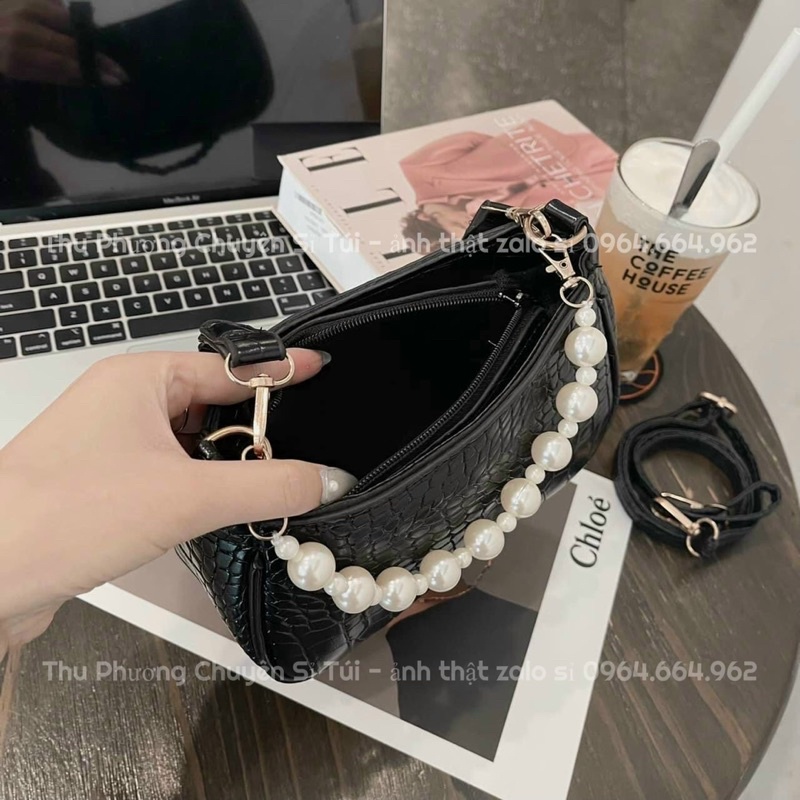 Túi đeo vai, kẹp nách kèm dây ngọc và dây da đeo chéo chất da cao cấp, kiểu dáng hàn quốc