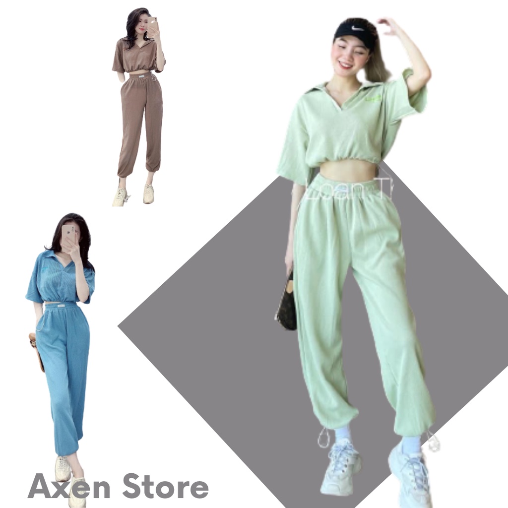 Set bộ quần dài áo ngắn tay chất len gạo kiểu Hàn Quốc, cổ bẻ, dây rút trẻ trung, hàng loại 1 (S08)