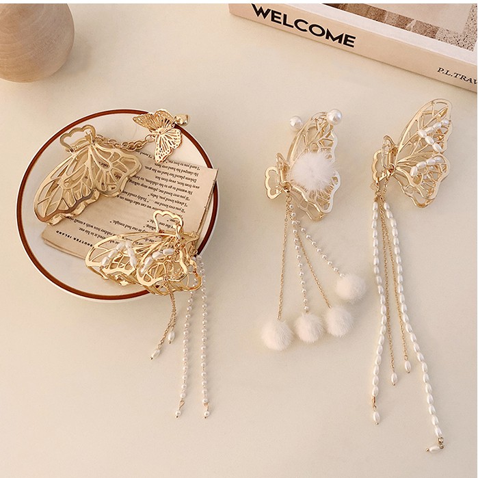 Kẹp tóc hình bướm đính đá và ngọc trai phong cách Hàn Quốc