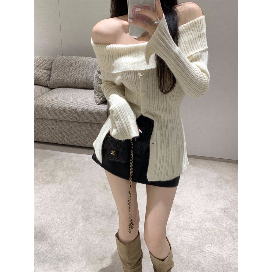 QKOOLE  Áo sweater Dệt Kim Tay Dài Hở Vai Màu Sắc Đơn Giản Phong Cách Hàn Quốc Cho Nữ áo khoác