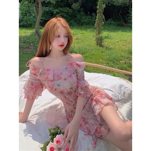 (ORDER.buiny)Váy bánh bèo ulzzang tiểu thư trễ vai chân xoè đuôi cá Hoạ Tiết hoa nhí ôm body | BigBuy360 - bigbuy360.vn