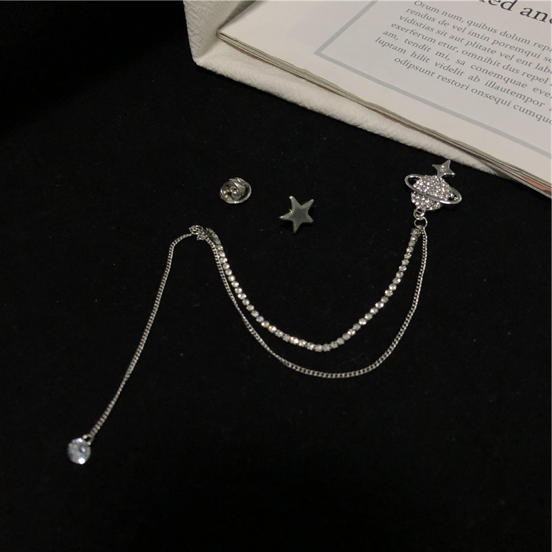 Ghim cài áo hình hành tinh ngôi sao năm cánh đính đá lấp lánh phối dây xích cho nam nữ 22788