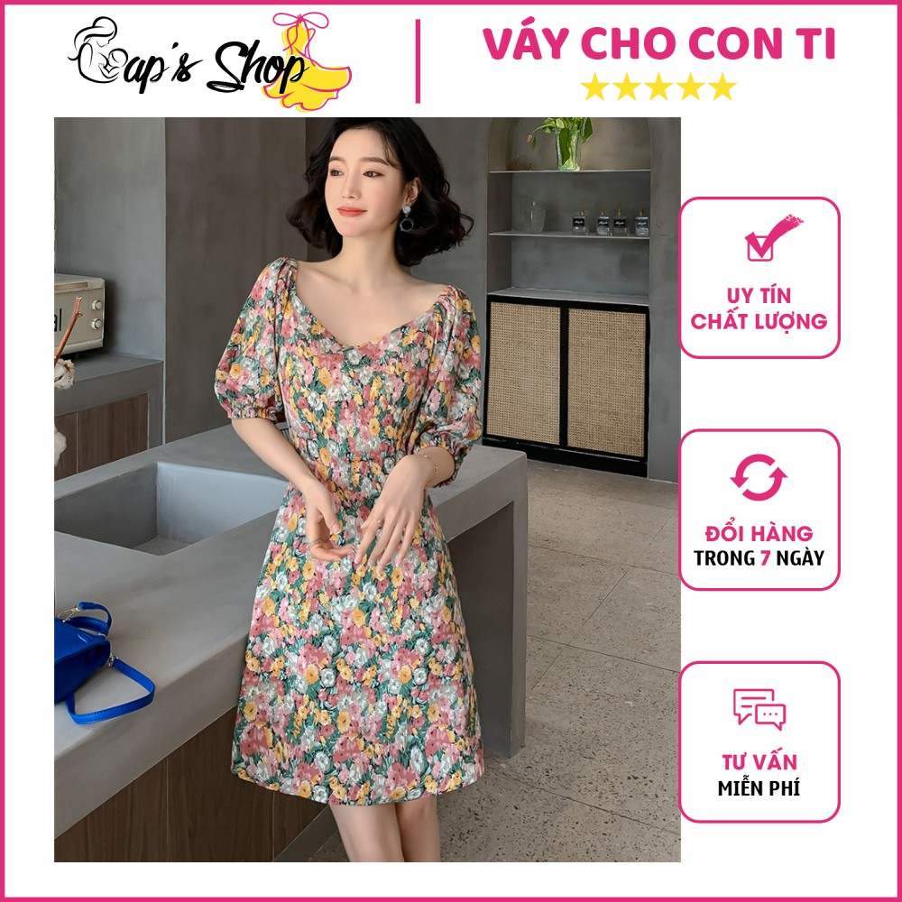 Váy cho con ti hoa nhí, dáng xòe nhẹ, mặc kết hợp bầu và sau sinh cho con bú