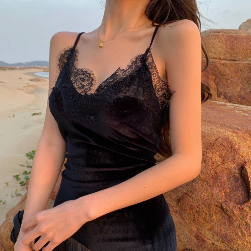 SẴN🖤Đầm dự tiệc 2 dây nhung pha ren sang chảnh quyến rũ sexy|Đầm suông maxi xẻ tà ren basic ôm body dáng dài | BigBuy360 - bigbuy360.vn