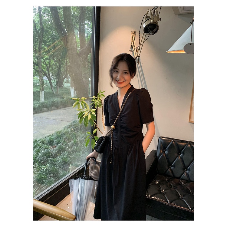 Đầm Tay Phồng Cổ Chữ V Thiết Kế Xếp Ly Phong Cách Retro Pháp Thời Trang Mùa Hè Cho Nữ