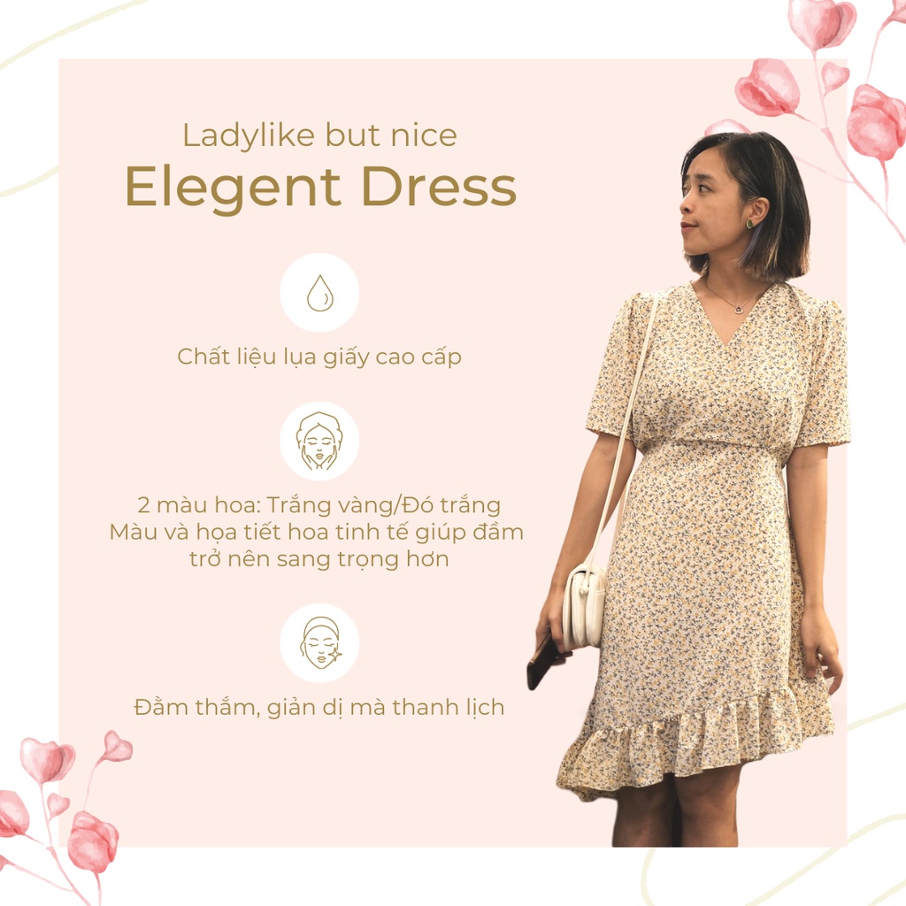 Elegent Dress - Váy hoa nhí cổ V thắt eo nơ đuôi cá chéo thanh lịch