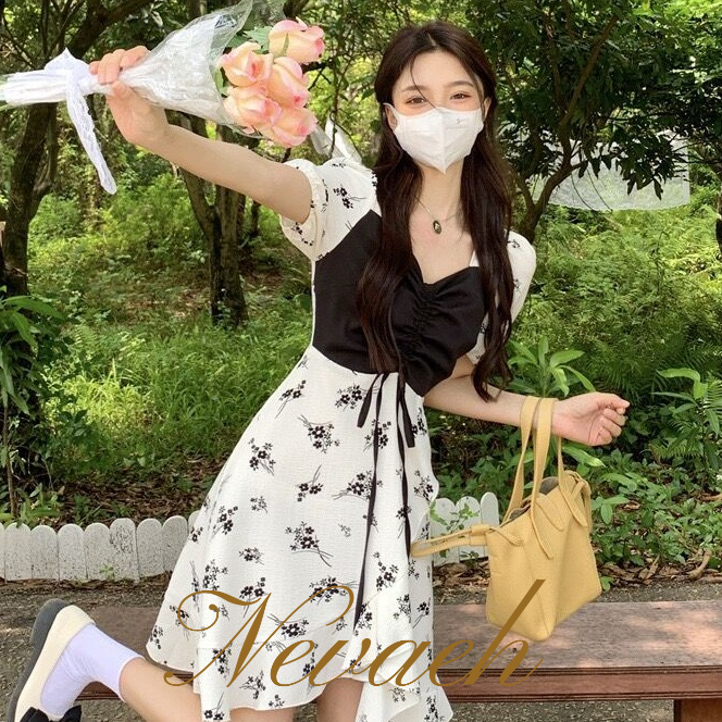 Đầm Chữ A Cổ Vuông Ghép Vải Hoa Phong Cách Pháp Ngọt Ngào Mùa Hè