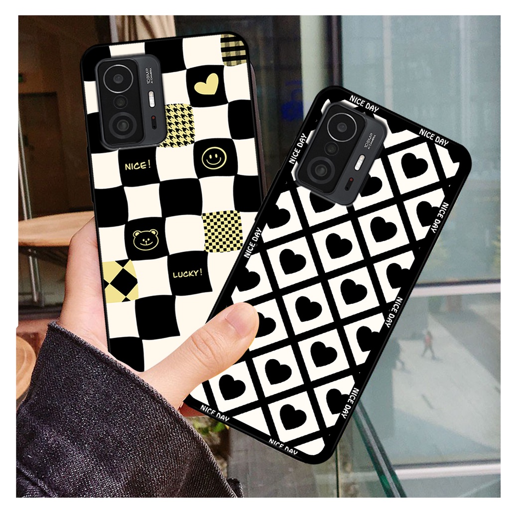 Ốp lưng Xiaomi Mi 11T - Mi 11T Pro in hoạ tiết caro trái tim đen trắng, gấu bear cute đáng yêu