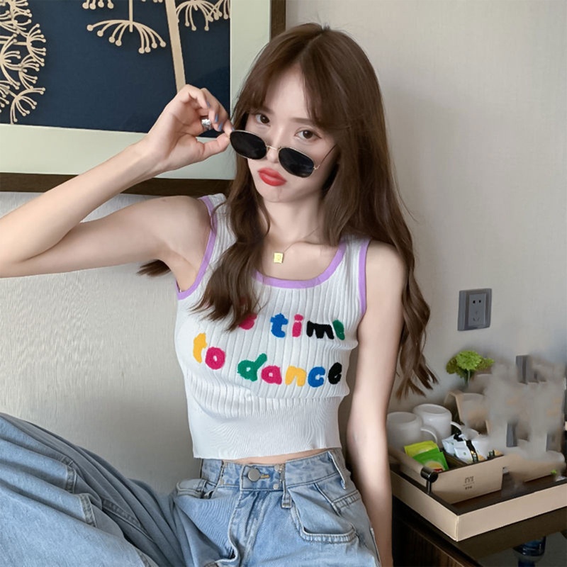 Áo Lửng Không Tay Cổ Tròn Thêu Chữ Nhiều Màu Dễ Thương Cho Nữ