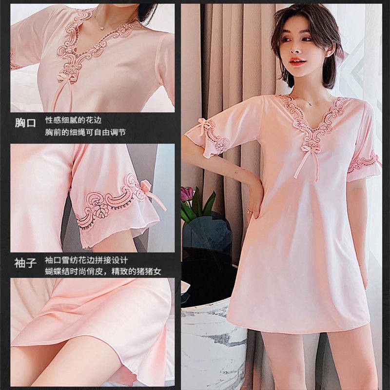 quyến rũ&kích thích& ✧Bộ đồ ngủ Phụ nữ mùa hè Nets Red Ice Silk Thời trang Nightdress Dress Trang chủ Có thể mặc váy đồ