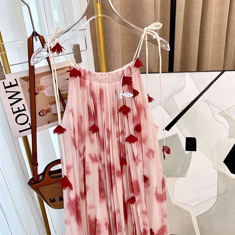Đầm Chiffon Hai Dây In Họa Tiết Phong Cách Retro Pháp