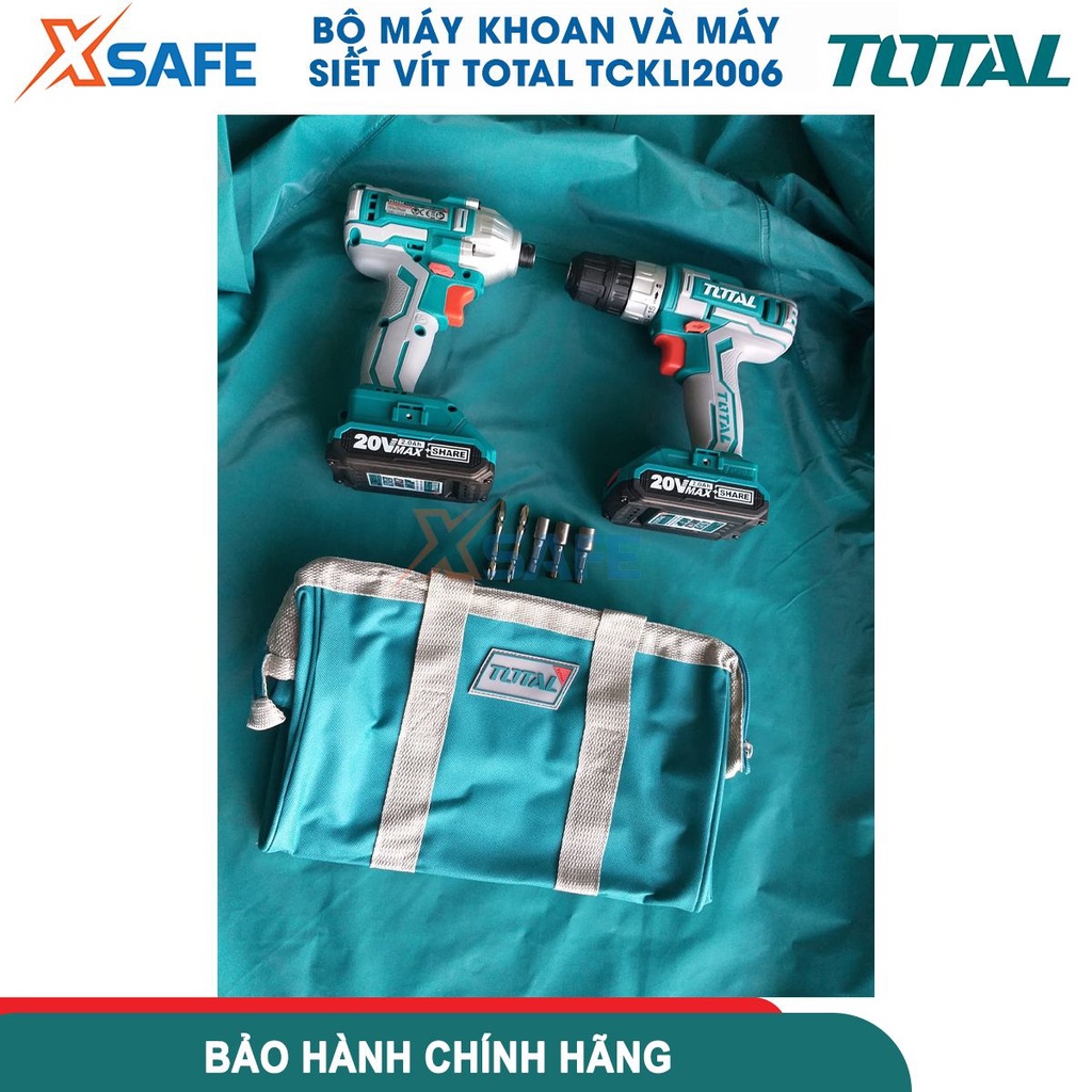Bộ combo máy khoan pin và máy bắn vít dùng pin motor không chổi than 20V TOTAL TCKLI2006 kèm 2 pin 2.0Ah, 1 sạc