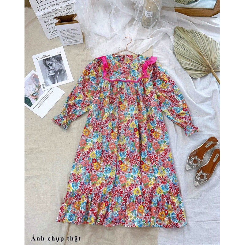 Đầm suông hoa babydoll viền bèo ngực, tay áo bo ống | BigBuy360 - bigbuy360.vn