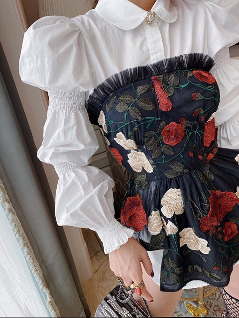 Set Sơmi 2 Lớp Tay Bồng Kèm Áo Cúp Ngực Thêu Hoa Hồng 🌹