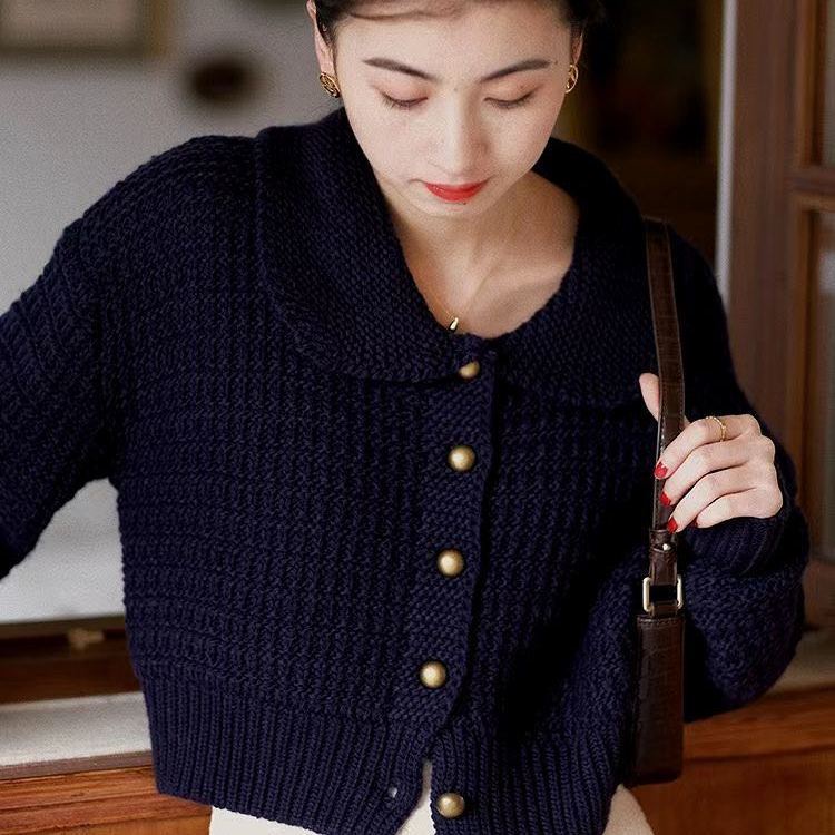 Áo khoác dệt kim dáng rộng cổ búp bê kiểu cổ điển thanh lịch thời trang