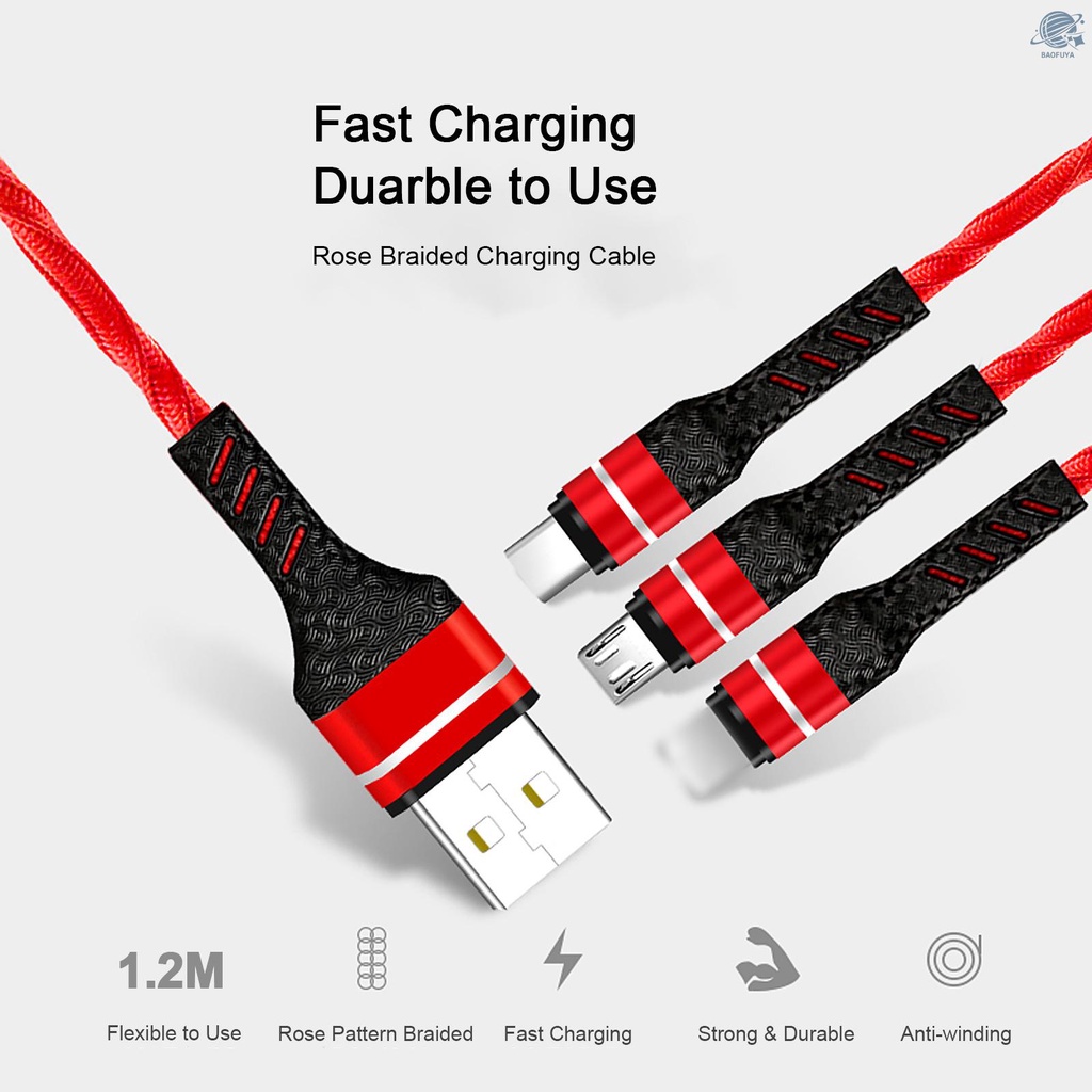 BF 3-IN-1 USB Charging Cable Multi Charger Line Type C Micro USB Connector Replacement for iPhone iPad Samsung Huawei  Charging Cable
