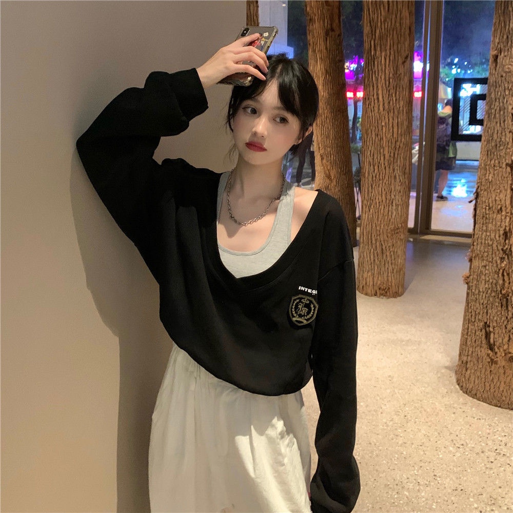 Áo hoodie Giả Hai Lớp Tay Dài Cổ Chữ V Phong Cách Hàn Quốc Cho áo len nữ NZ-WY-21