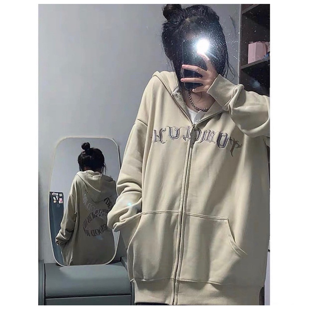 Áo khoác hoodie zip nỉ bông UNISEX nam nữ form rộng dày dặn có mũ có dây khóa kéo đen nâu ghi be