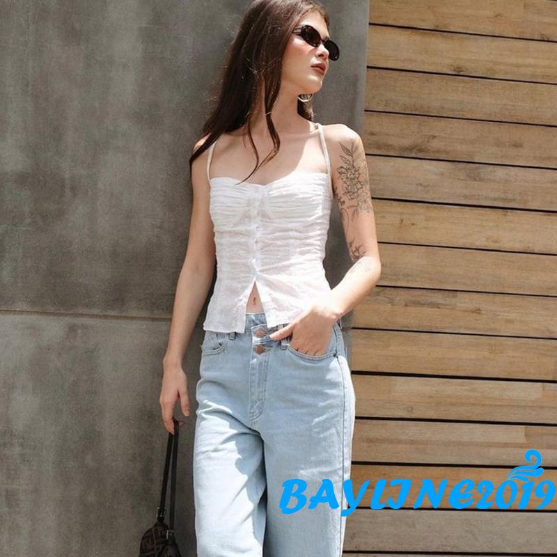 Bay- Áo Tank Top Hai Dây Spaghetti Ôm Dáng Phối Nút Rỗng Đan Móc Hình Hoa Cho Nữ