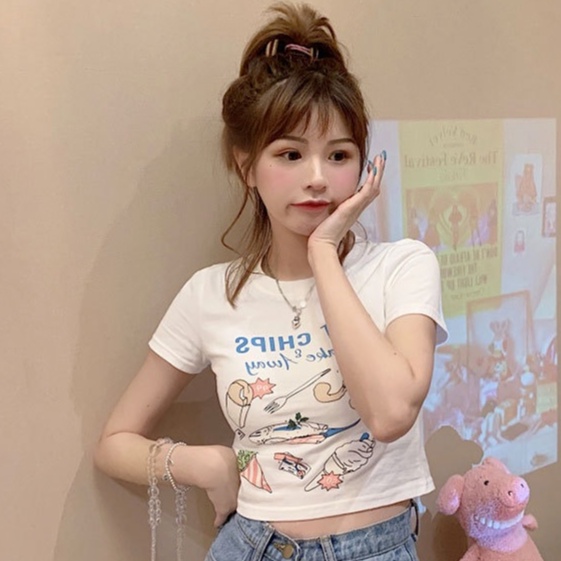 Áo Thun Lửng Ngắn Tay In Họa Tiết Phong Cách Hàn Quốc Dành Cho Nữ