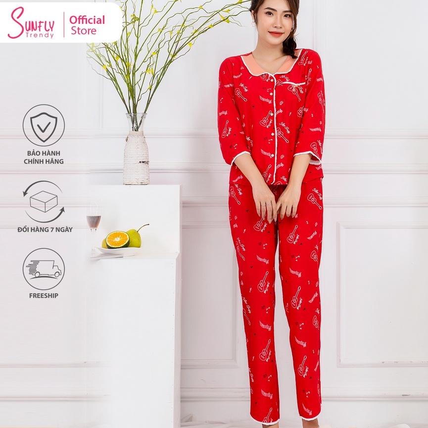 Bộ đồ mặc nhà nữ pijamas linen SUNFLY áo tay lỡ, quần dài ST8729