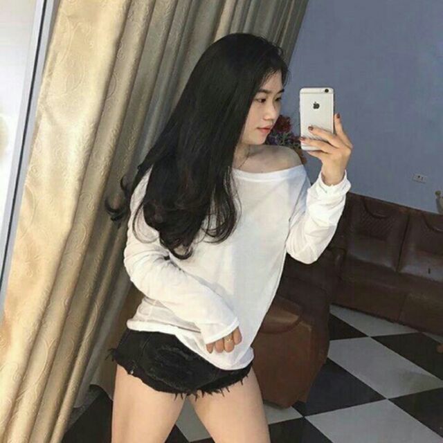 ÁO LỆCH VAI XỎ NGÓN COTTON CAO CẤP ( Trắng/Đen )