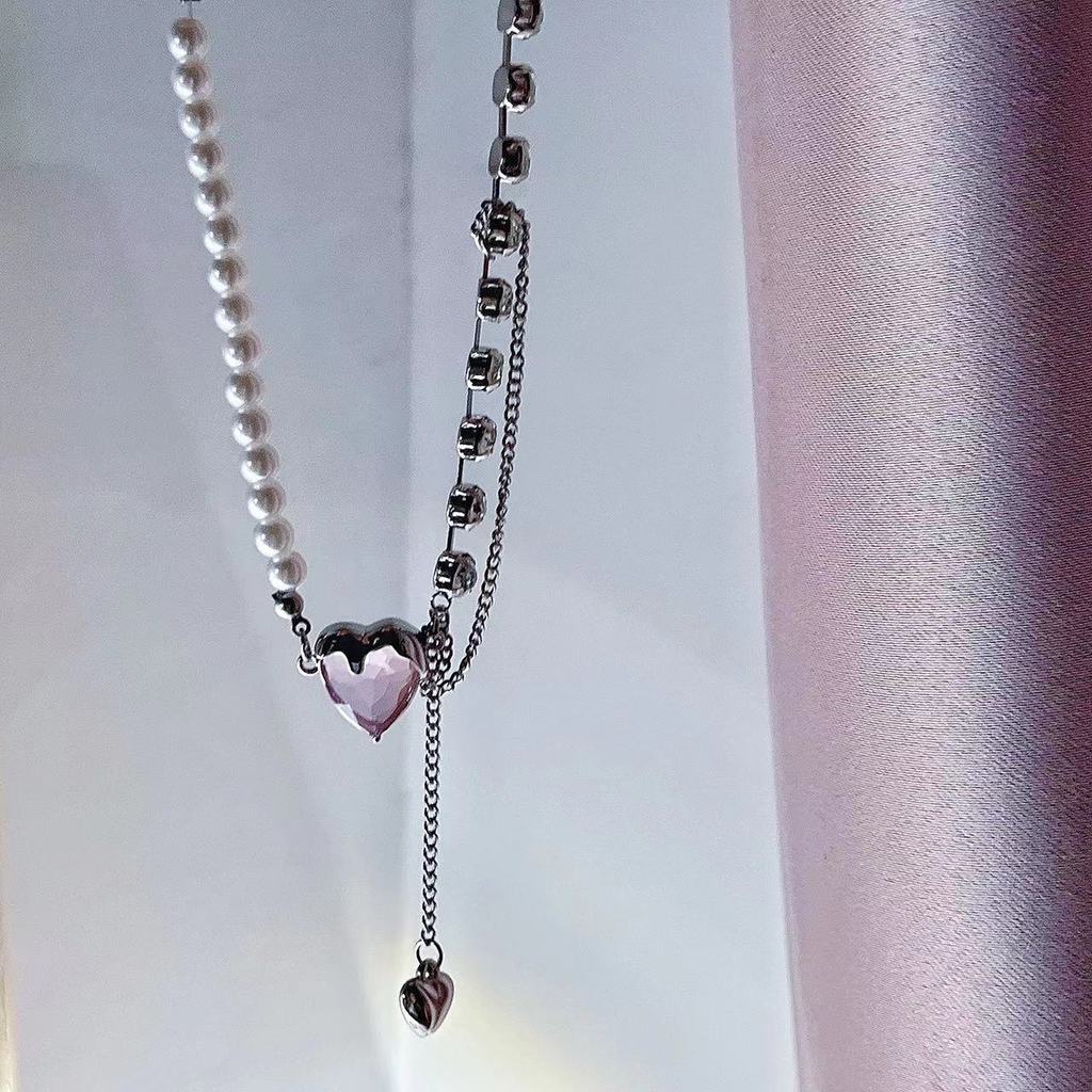 Vòng cổ Mặt Trái Tim Đính Đá zircon Hồng Thời Trang Cho Nữ