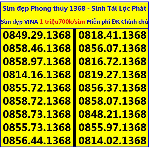 SỐ ĐẸP 1368 Phong thủy Sanh Tài Lộc Phát Vinaphone GIÁ 1triệu700k HỖ TRỢ ĐĂNG KÝ CHÍNH CHỦ