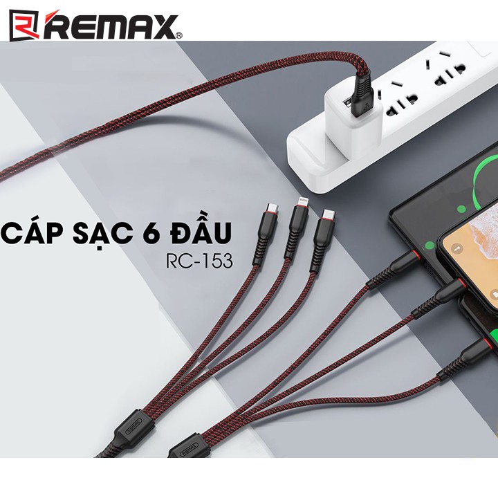 Cáp sạc Remax 6 in 1 RC-153 2 Cổng Type C, 2 Cổng Lightning, 2 Cổng MicroUSB Đỏ - Đen