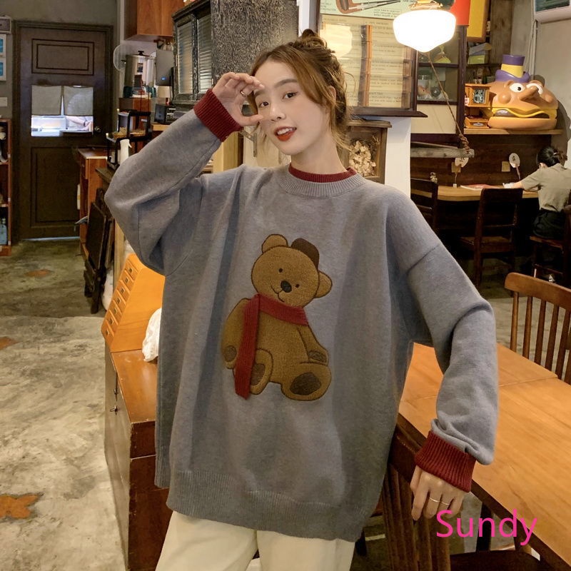 Áo sweater dài tay dáng rộng phong cách retro thời trang mùa đông cho nữ